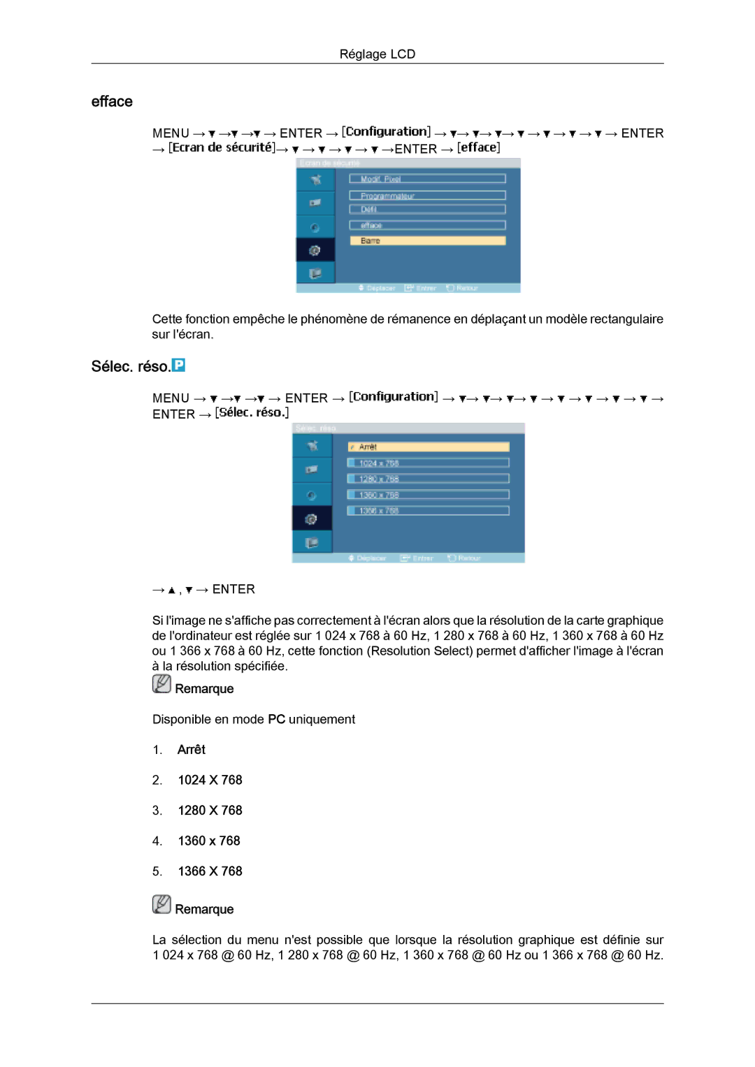 Samsung LH32MGQLBC/EN, LH32MGULBC/EN, LH32MGQPBC/EN manual Efface, Sélec. réso, Arrêt 1024 X 1280 X 1360 x 1366 X Remarque 