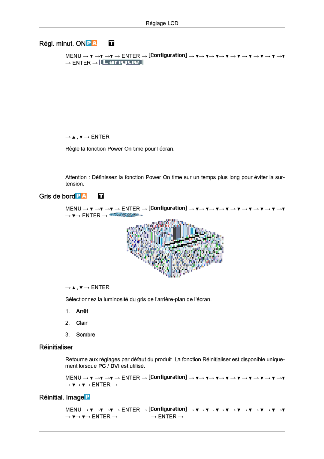 Samsung LH32MGQPBC/EN, LH32MGULBC/EN Régl. minut. on, Gris de bord, Réinitialiser, Réinitial. Image, Arrêt Clair Sombre 