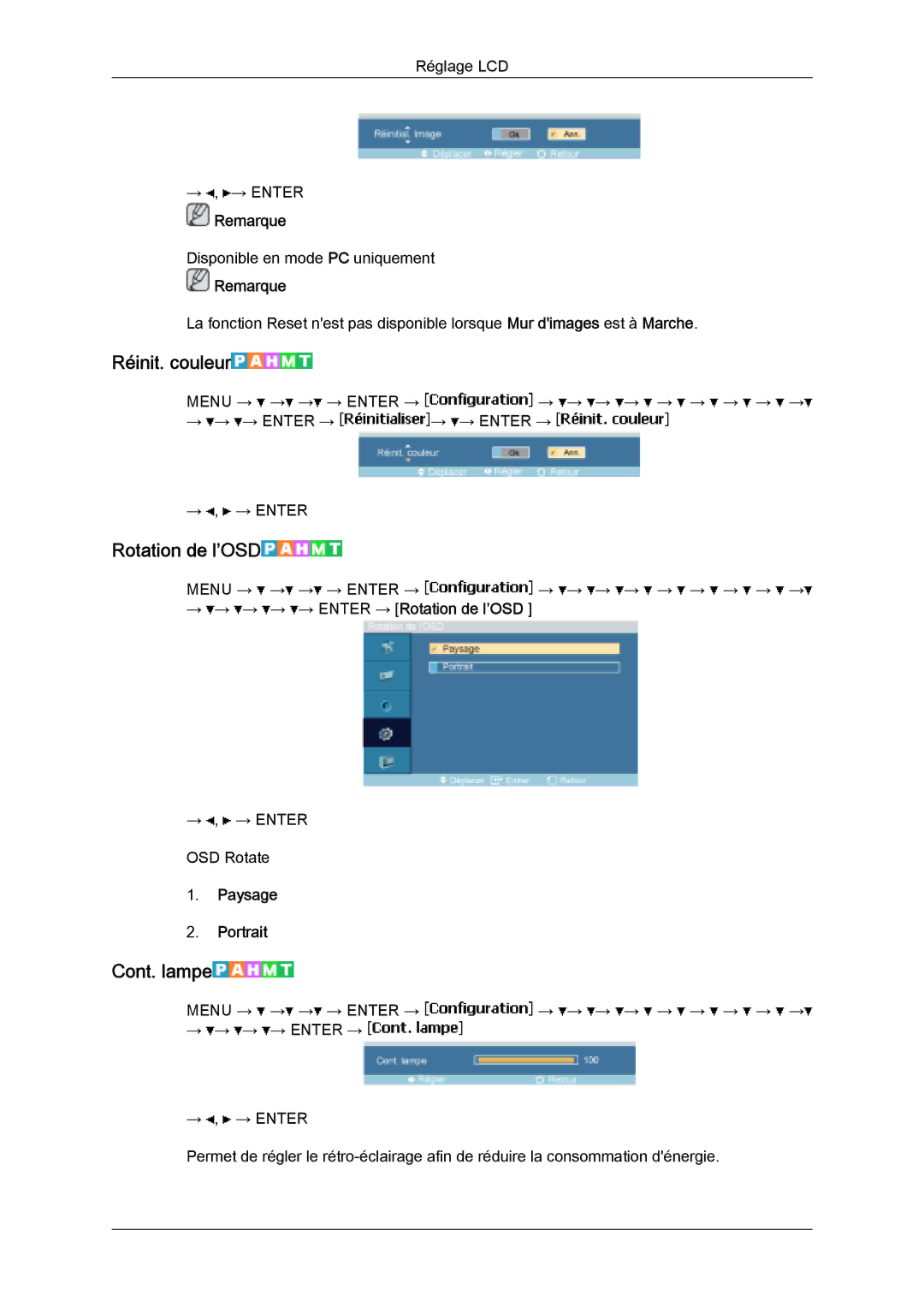 Samsung LH32MGULBC/EN manual Réinit. couleur, Cont. lampe, → → → → → Enter → Rotation de l’OSD, Paysage Portrait 