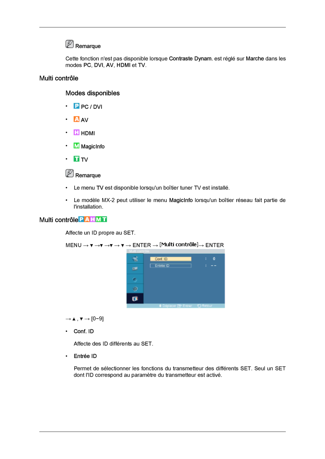Samsung LH32MGQLBC/EN, LH32MGULBC/EN, LH32MGQPBC/EN manual Multi contrôle Modes disponibles, Conf. ID, Entrée ID 