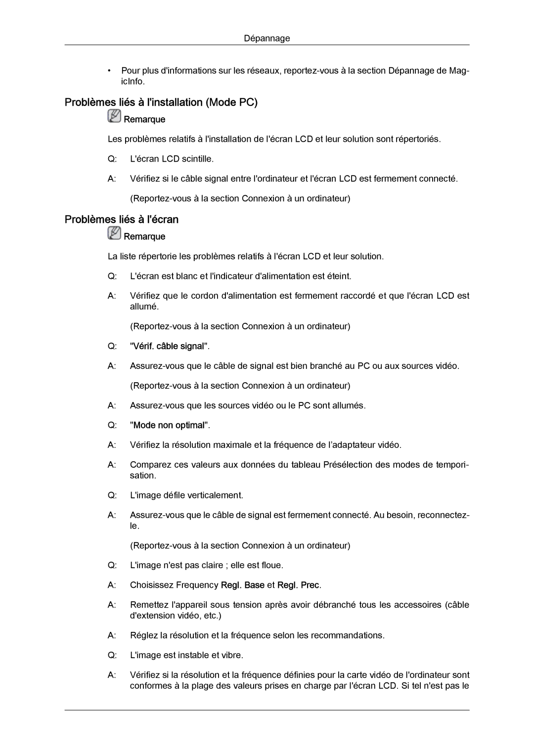 Samsung LH32MGULBC/EN, LH32MGQLBC/EN Problèmes liés à linstallation Mode PC, Problèmes liés à lécran, Vérif. câble signal 