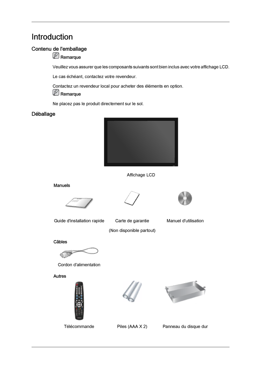 Samsung LH32MGQPBC/EN, LH32MGULBC/EN, LH32MGQLBC/EN manual Contenu de lemballage, Déballage 