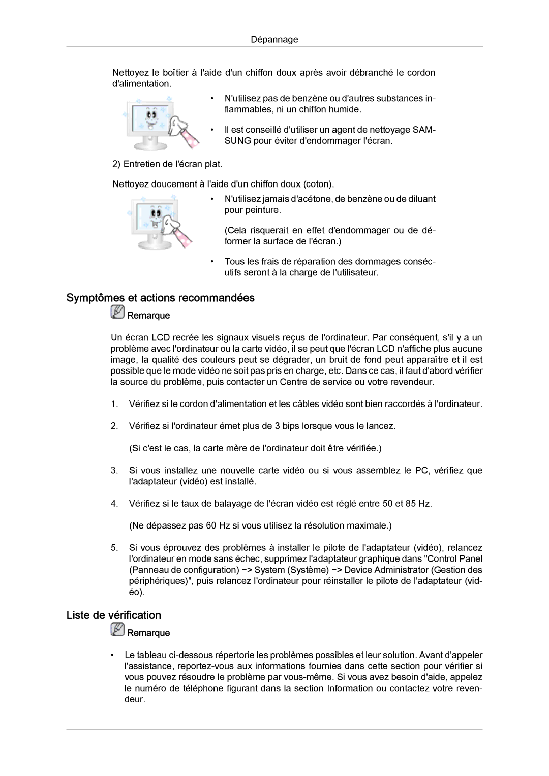 Samsung LH32MGULBC/EN, LH32MGQLBC/EN, LH32MGQPBC/EN manual Symptômes et actions recommandées, Liste de vérification 