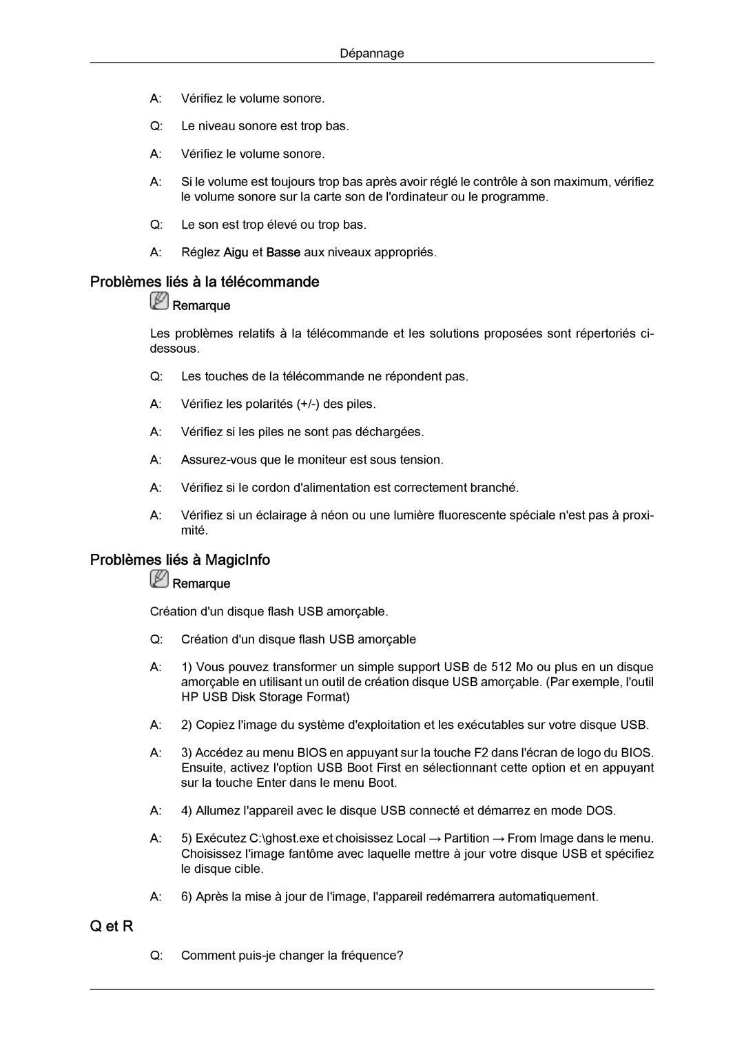 Samsung LH32MGULBC/EN, LH32MGQLBC/EN, LH32MGQPBC/EN manual Problèmes liés à la télécommande, Problèmes liés à MagicInfo, Et R 