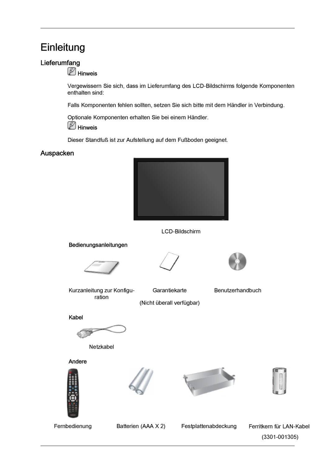 Samsung LH32MGQLBC/EN, LH32MGULBC/EN, LH32MGQPBC/EN manual Lieferumfang, Auspacken, Bedienungsanleitungen, Kabel, Andere 