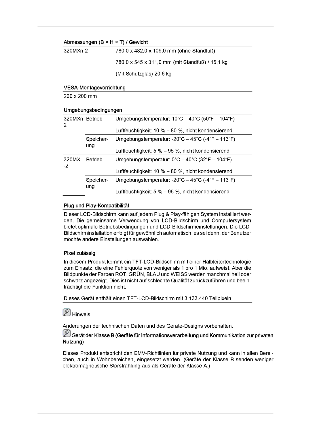 Samsung LH32MGQPBC/EN manual VESA-Montagevorrichtung, Umgebungsbedingungen, Plug und Play-Kompatibilität, Pixel zulässig 