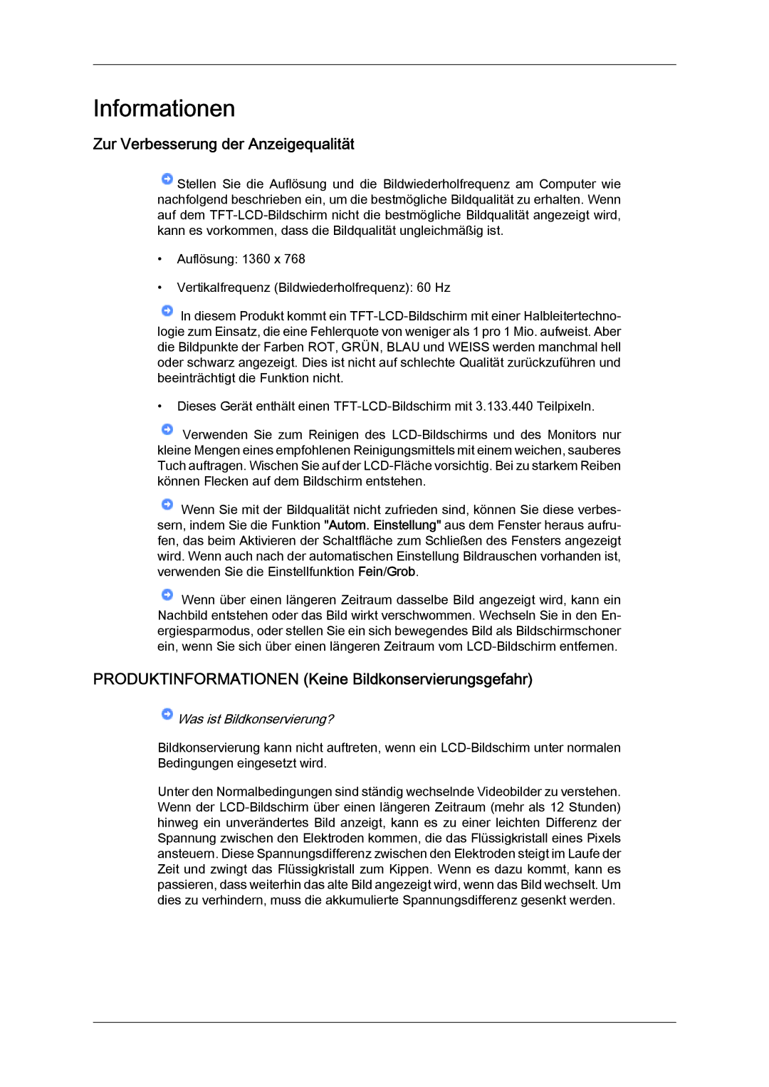 Samsung LH32MGULBC/EN manual Zur Verbesserung der Anzeigequalität, Produktinformationen Keine Bildkonservierungsgefahr 