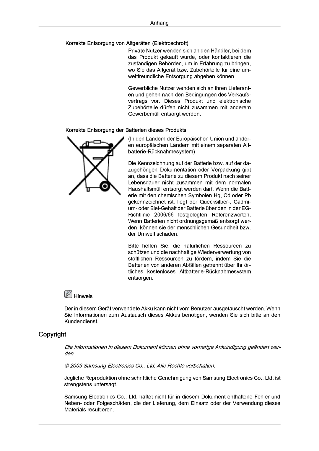 Samsung LH32MGULBC/EN, LH32MGQLBC/EN, LH32MGQPBC/EN manual Copyright, Korrekte Entsorgung der Batterien dieses Produkts 