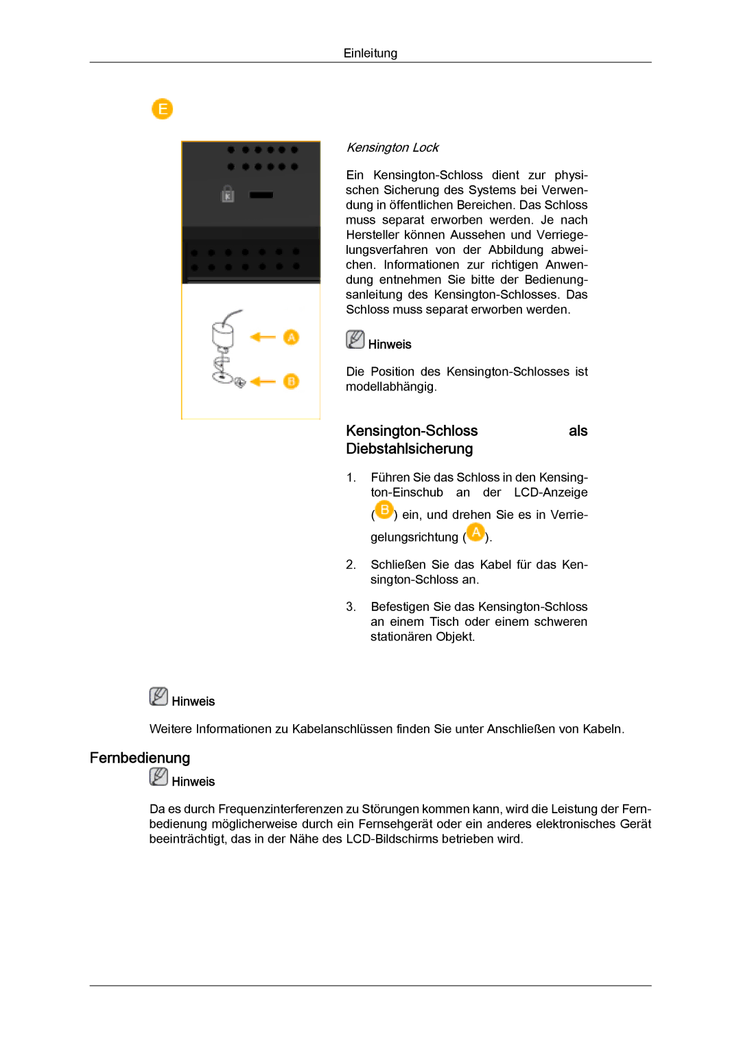 Samsung LH32MGULBC/EN, LH32MGQLBC/EN, LH32MGQPBC/EN manual Kensington-Schlossals Diebstahlsicherung, Fernbedienung 