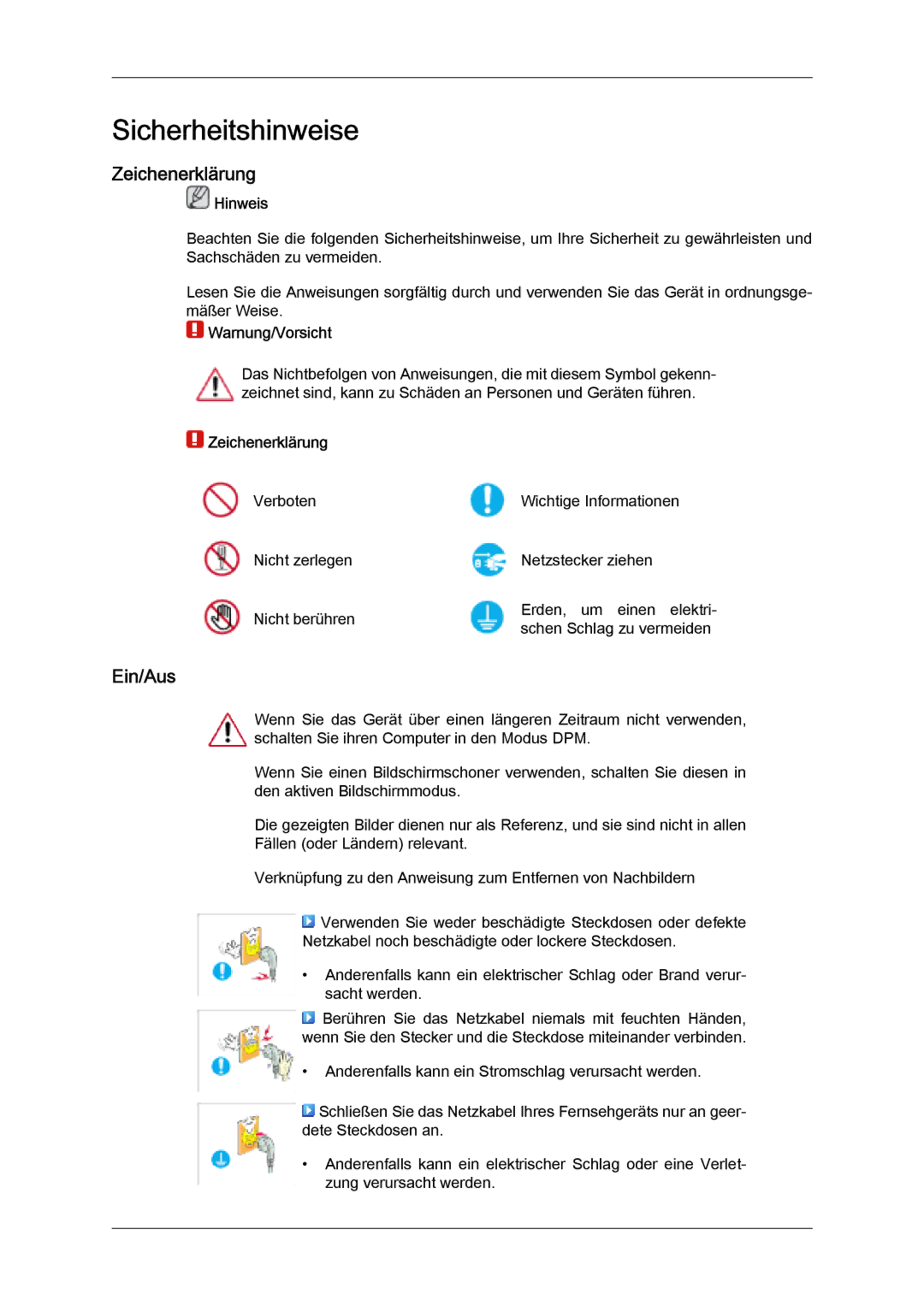 Samsung LH32MGQPBC/EN, LH32MGULBC/EN, LH32MGQLBC/EN manual Zeichenerklärung, Ein/Aus, Hinweis, Warnung/Vorsicht 