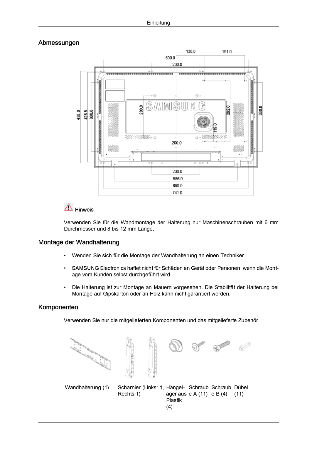 Samsung LH32MGULBC/EN, LH32MGQLBC/EN, LH32MGQPBC/EN manual Abmessungen, Montage der Wandhalterung, Komponenten 