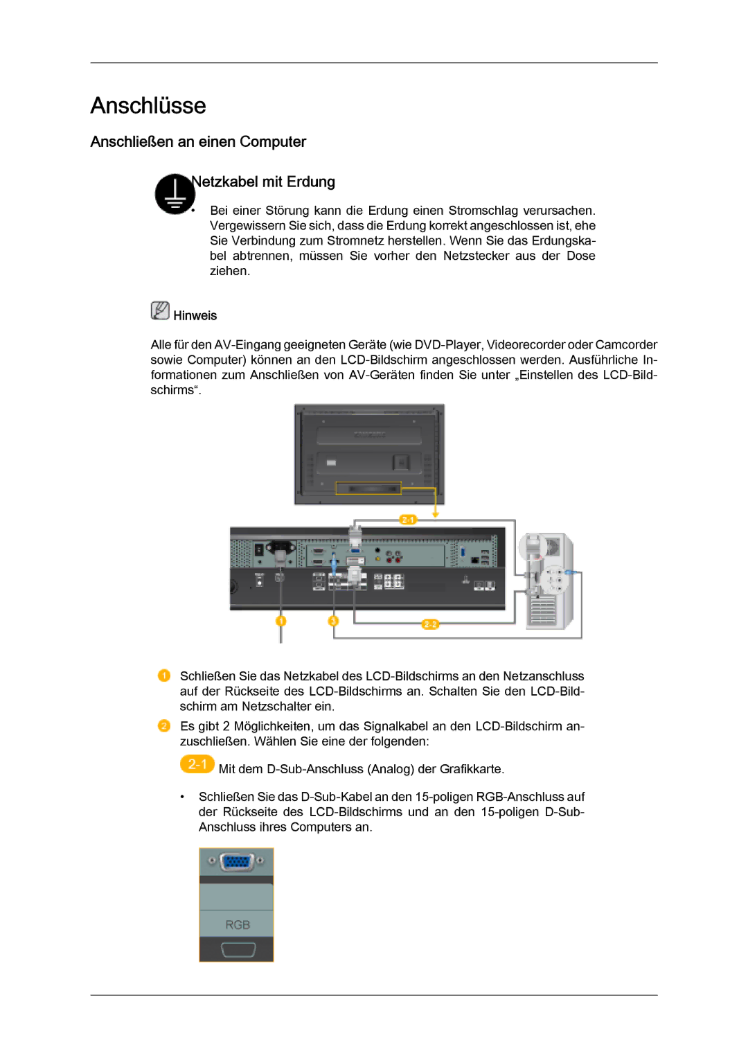 Samsung LH32MGQPBC/EN, LH32MGULBC/EN, LH32MGQLBC/EN manual Anschlüsse, Anschließen an einen Computer Netzkabel mit Erdung 