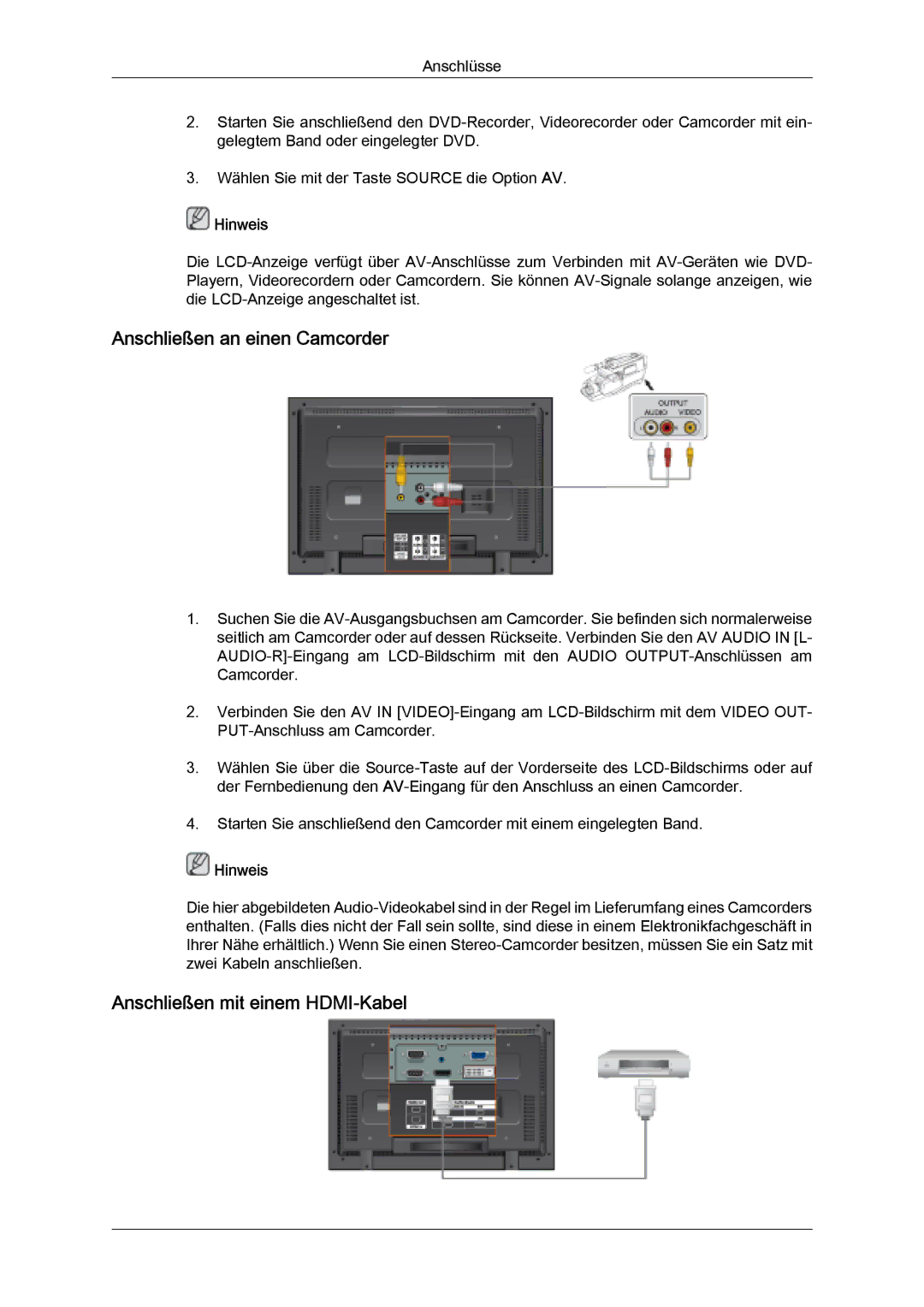 Samsung LH32MGQLBC/EN, LH32MGULBC/EN, LH32MGQPBC/EN manual Anschließen an einen Camcorder, Anschließen mit einem HDMI-Kabel 