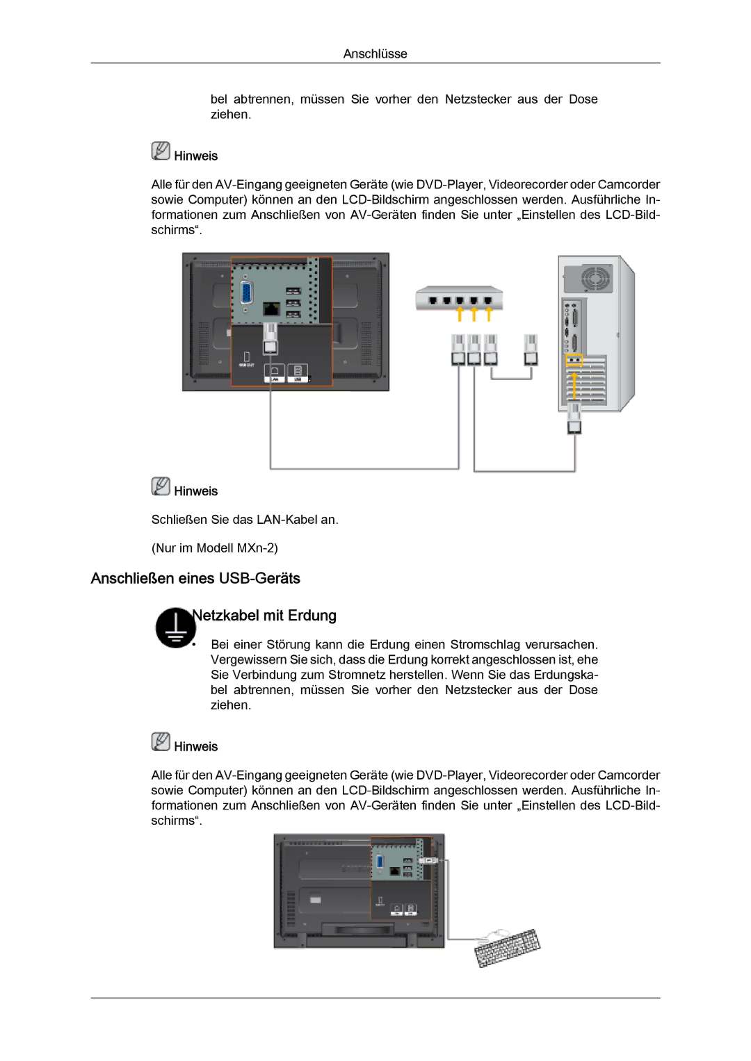 Samsung LH32MGULBC/EN, LH32MGQLBC/EN, LH32MGQPBC/EN manual Anschließen eines USB-Geräts Netzkabel mit Erdung 