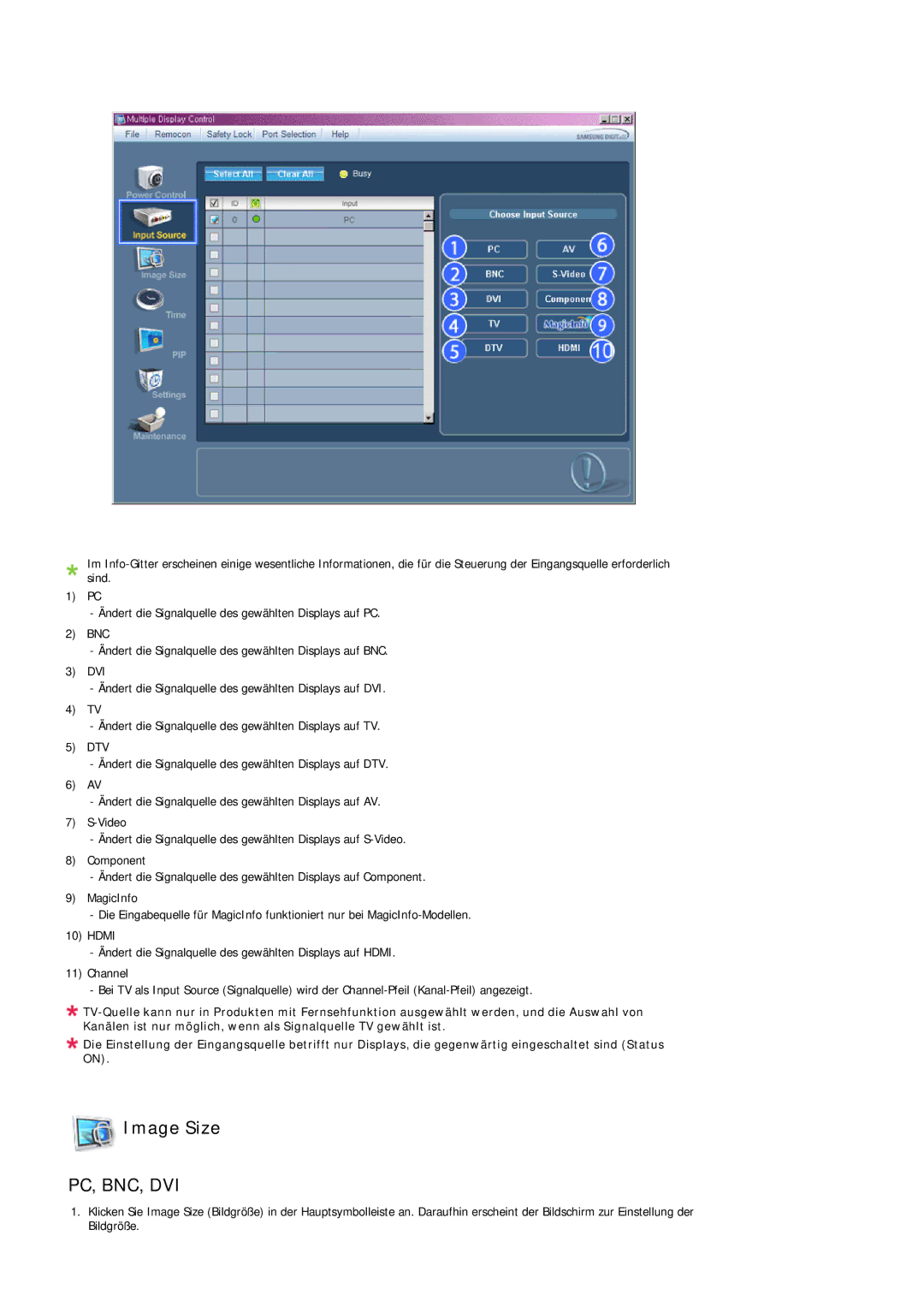 Samsung LH32MGQLBC/EN, LH32MGULBC/EN, LH32MGQPBC/EN manual Image Size, Pc, Bnc, Dvi 