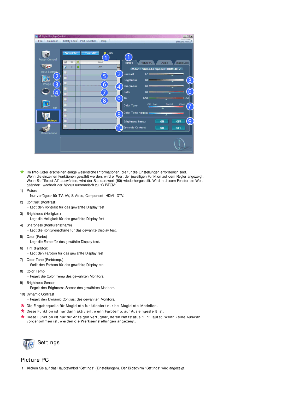 Samsung LH32MGQLBC/EN, LH32MGULBC/EN, LH32MGQPBC/EN manual Settings Picture PC 