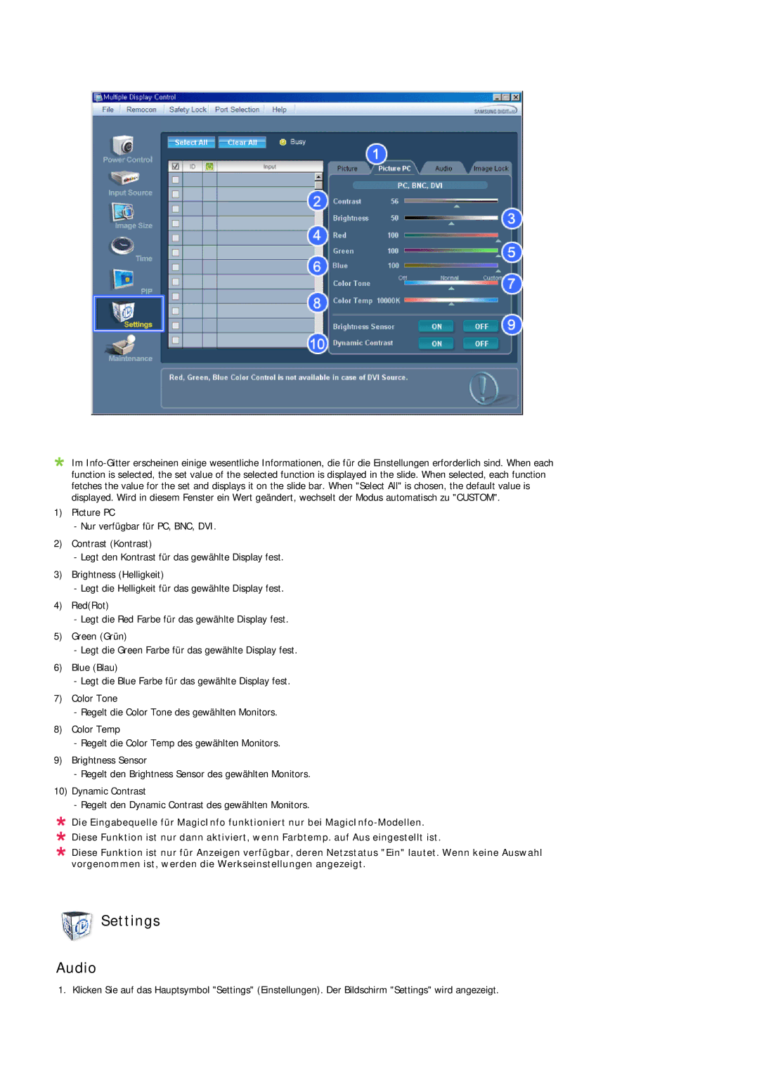 Samsung LH32MGQPBC/EN, LH32MGULBC/EN, LH32MGQLBC/EN manual Settings Audio 