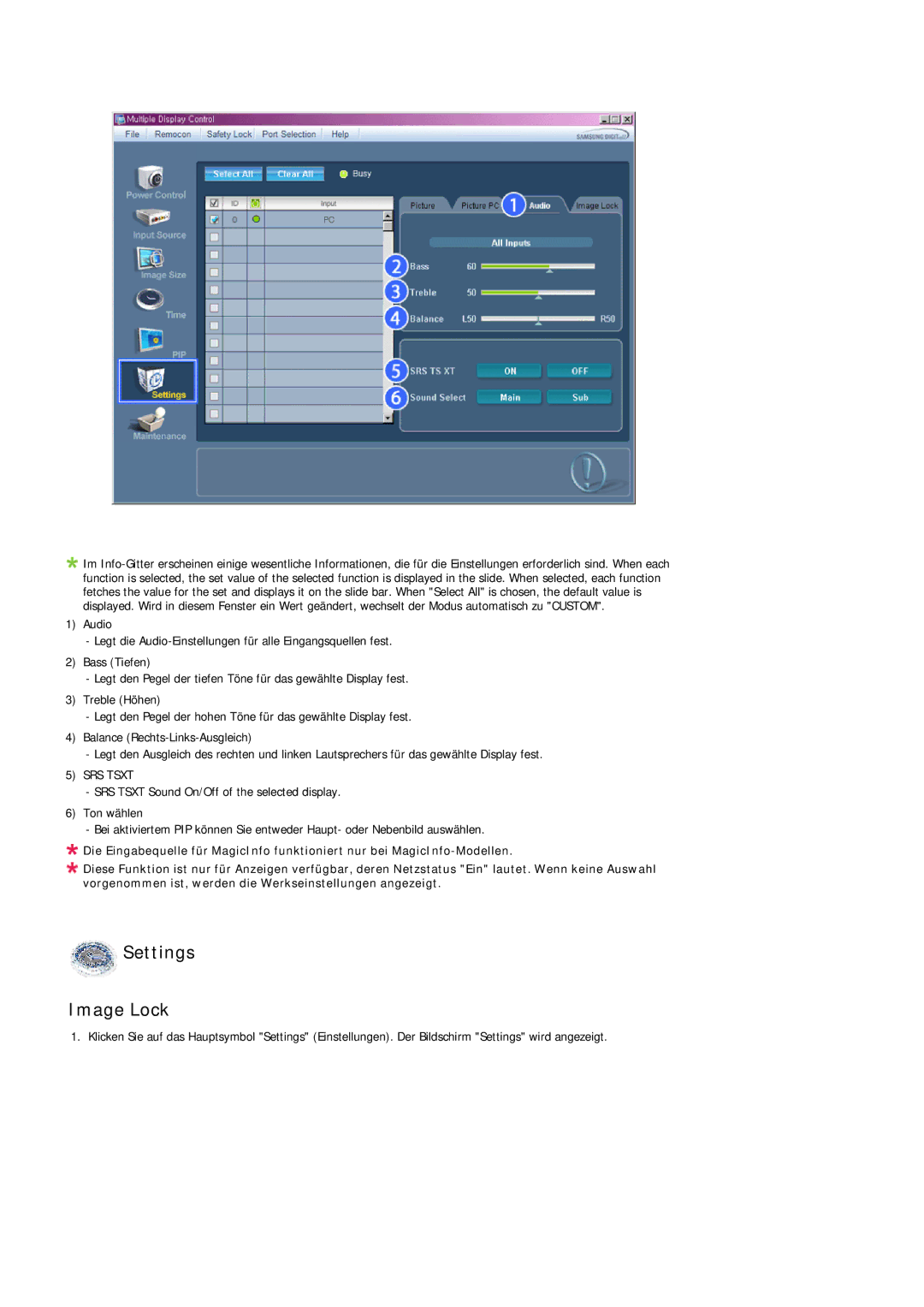 Samsung LH32MGULBC/EN, LH32MGQLBC/EN, LH32MGQPBC/EN manual Settings Image Lock, SRS Tsxt 