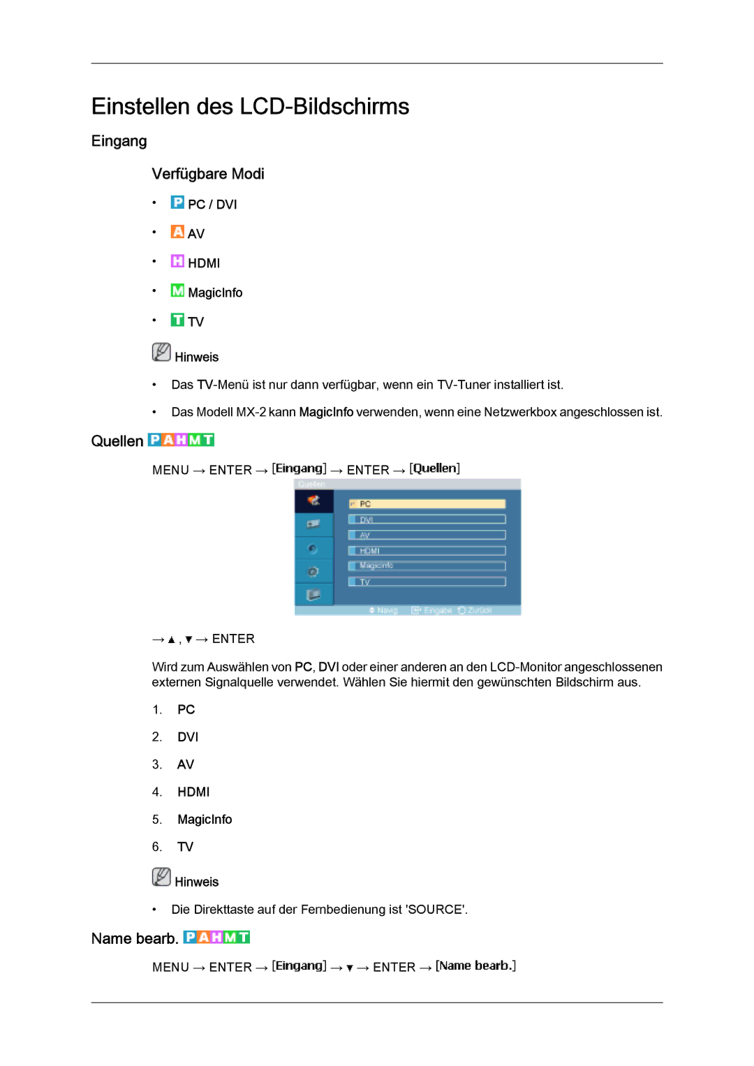 Samsung LH32MGULBC/EN, LH32MGQLBC/EN, LH32MGQPBC/EN manual Eingang Verfügbare Modi, Quellen, Name bearb 