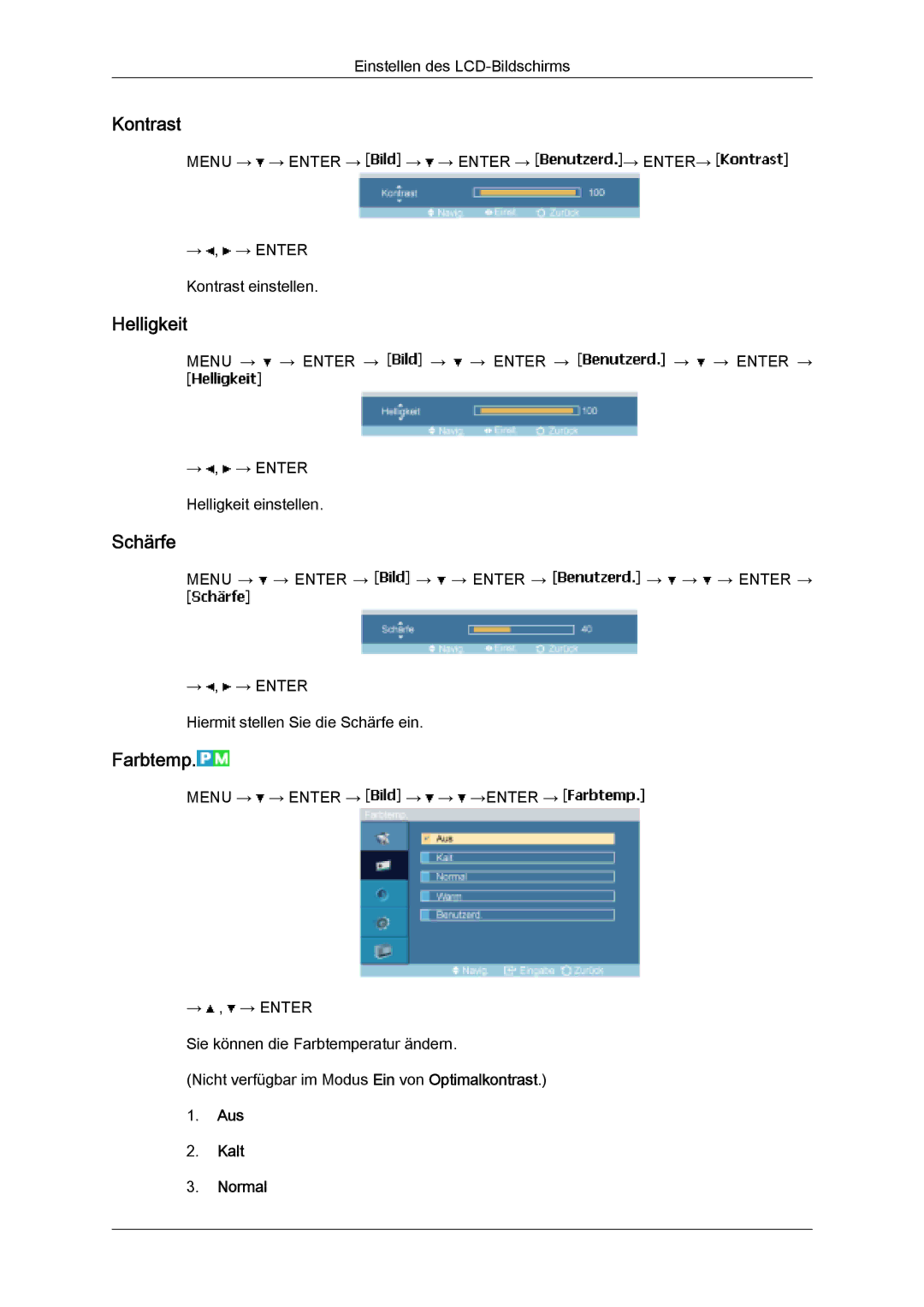 Samsung LH32MGULBC/EN, LH32MGQLBC/EN, LH32MGQPBC/EN manual Kontrast, Helligkeit, Schärfe, Farbtemp, Aus Kalt Normal 