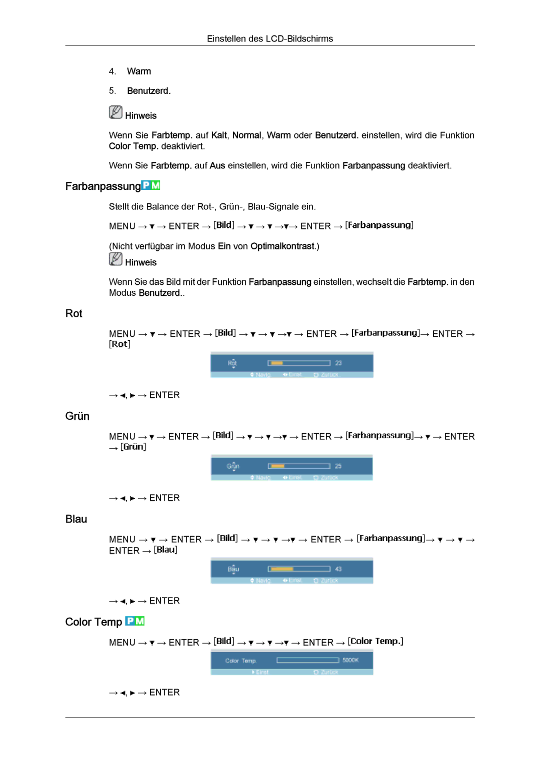 Samsung LH32MGQLBC/EN, LH32MGULBC/EN, LH32MGQPBC/EN manual Farbanpassung, Rot, Grün, Blau, Color Temp 