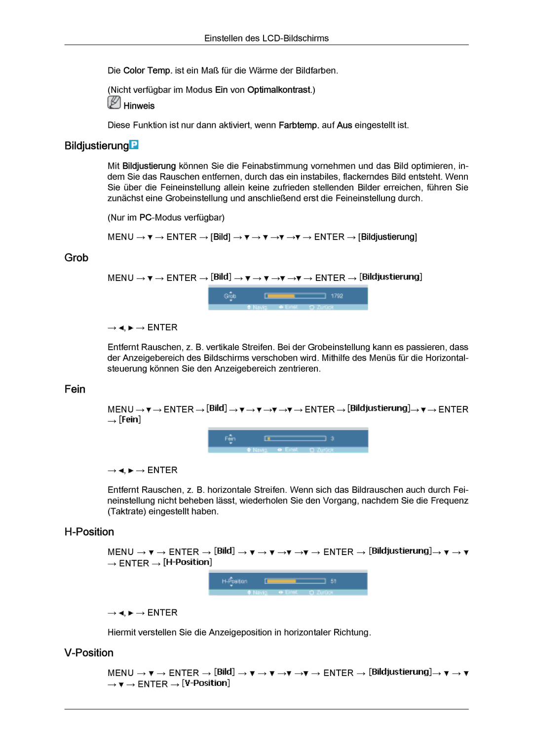 Samsung LH32MGQPBC/EN, LH32MGULBC/EN, LH32MGQLBC/EN manual Bildjustierung, Grob, Fein, Position 