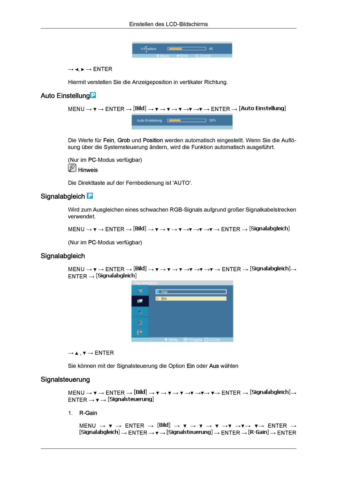 Samsung LH32MGULBC/EN, LH32MGQLBC/EN, LH32MGQPBC/EN manual Auto Einstellung, Signalabgleich, Signalsteuerung, Gain 