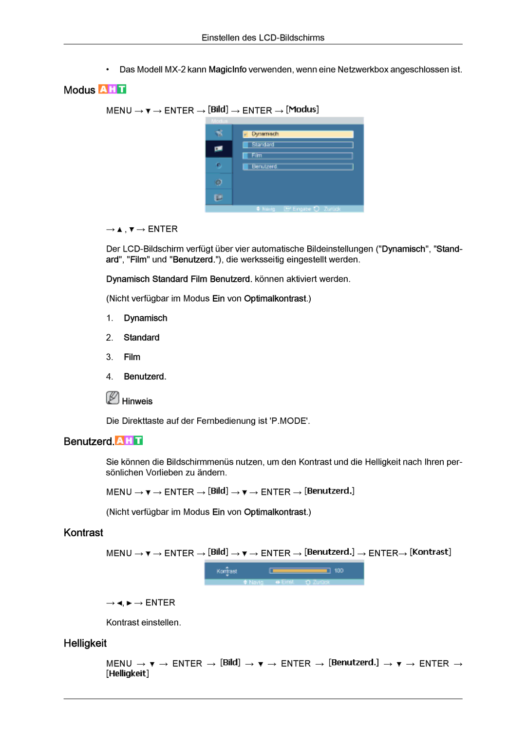 Samsung LH32MGULBC/EN, LH32MGQLBC/EN, LH32MGQPBC/EN manual Modus, Benutzerd 