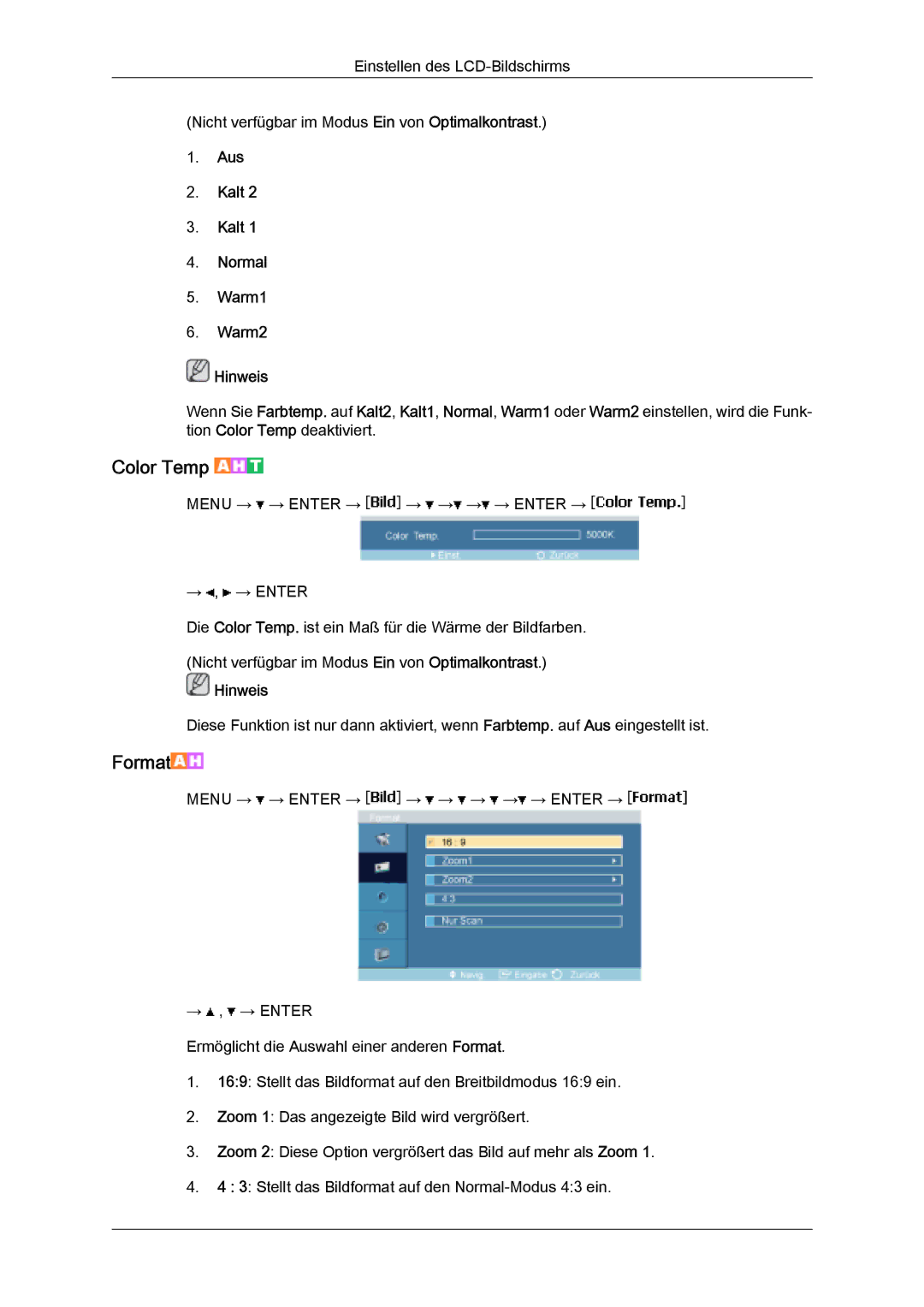 Samsung LH32MGQPBC/EN, LH32MGULBC/EN, LH32MGQLBC/EN manual Color Temp, Aus Kalt Normal Warm1 Warm2 Hinweis 