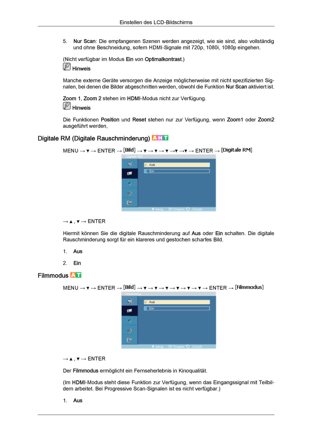 Samsung LH32MGULBC/EN, LH32MGQLBC/EN, LH32MGQPBC/EN manual Digitale RM Digitale Rauschminderung, Filmmodus, Aus 