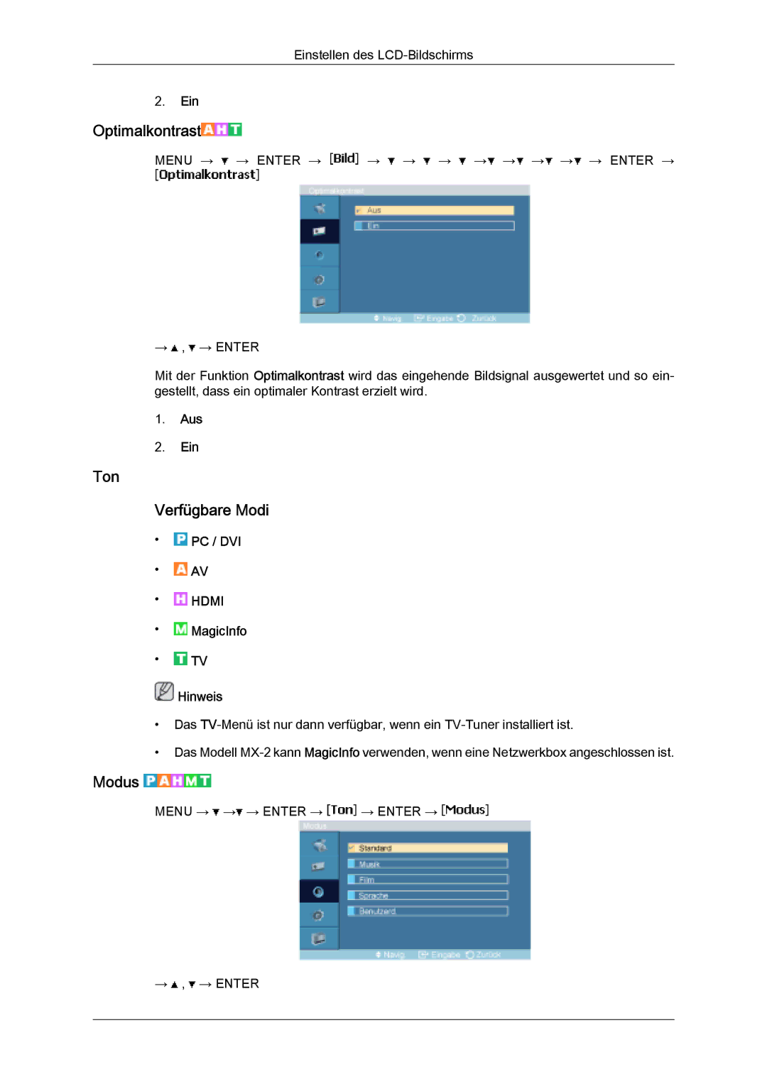 Samsung LH32MGQLBC/EN, LH32MGULBC/EN, LH32MGQPBC/EN manual Optimalkontrast, Ton Verfügbare Modi 