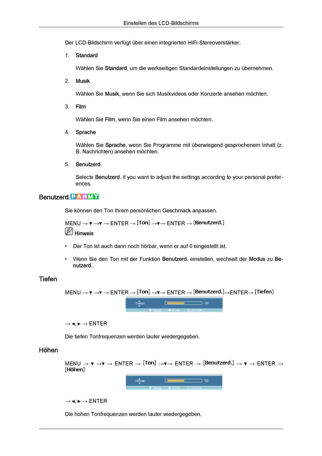 Samsung LH32MGQPBC/EN, LH32MGULBC/EN, LH32MGQLBC/EN manual Tiefen, Höhen 