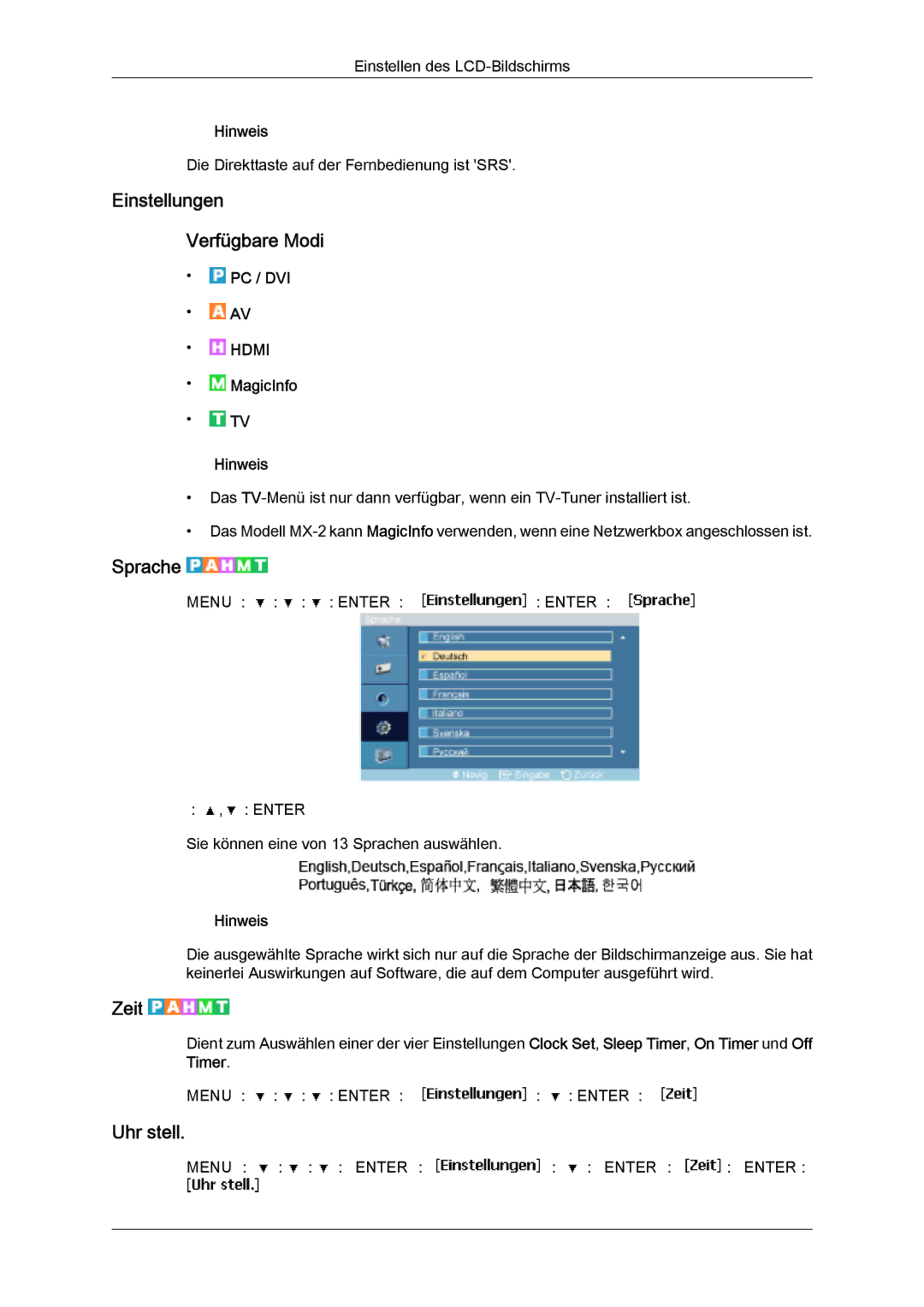 Samsung LH32MGQLBC/EN, LH32MGULBC/EN, LH32MGQPBC/EN manual Einstellungen Verfügbare Modi, Sprache, Zeit, Uhr stell 