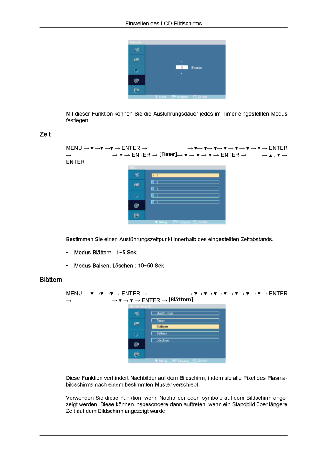 Samsung LH32MGQLBC/EN, LH32MGULBC/EN, LH32MGQPBC/EN manual Modus-Blättern 1~5 Sek Modus-Balken,Löschen 10~50 Sek 