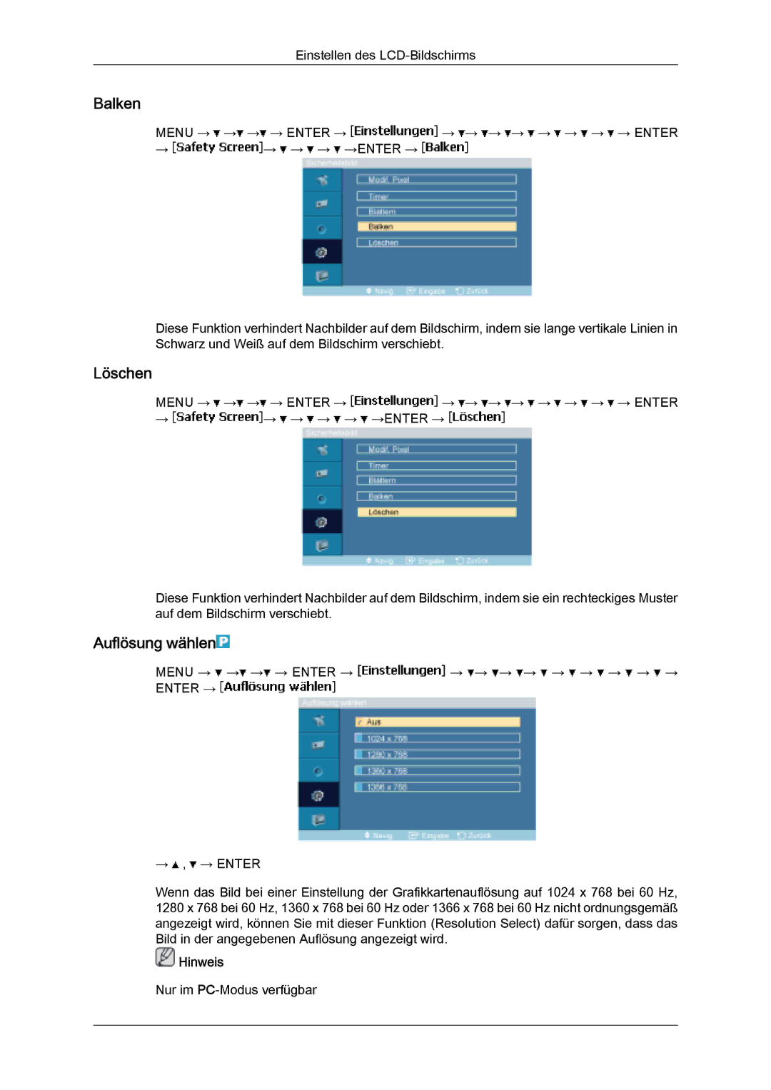 Samsung LH32MGQPBC/EN, LH32MGULBC/EN, LH32MGQLBC/EN manual Balken, Löschen, Auflösung wählen 