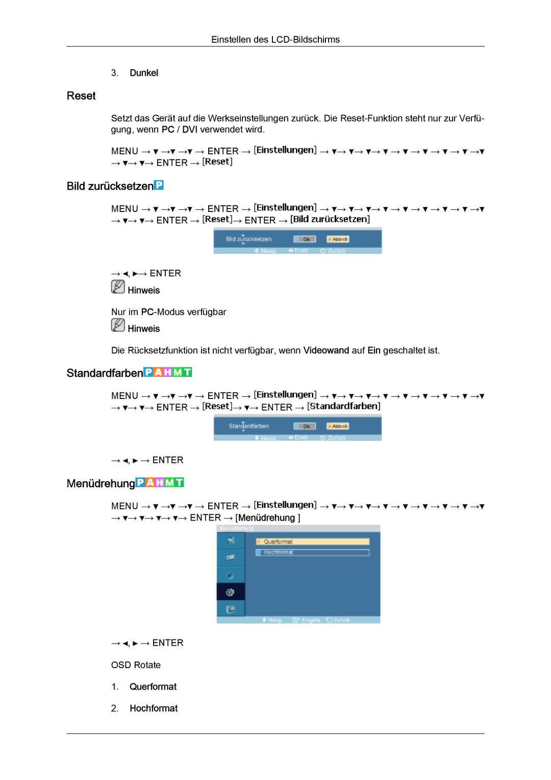 Samsung LH32MGQLBC/EN, LH32MGULBC/EN, LH32MGQPBC/EN manual Reset, Bild zurücksetzen, Standardfarben, Menüdrehung 