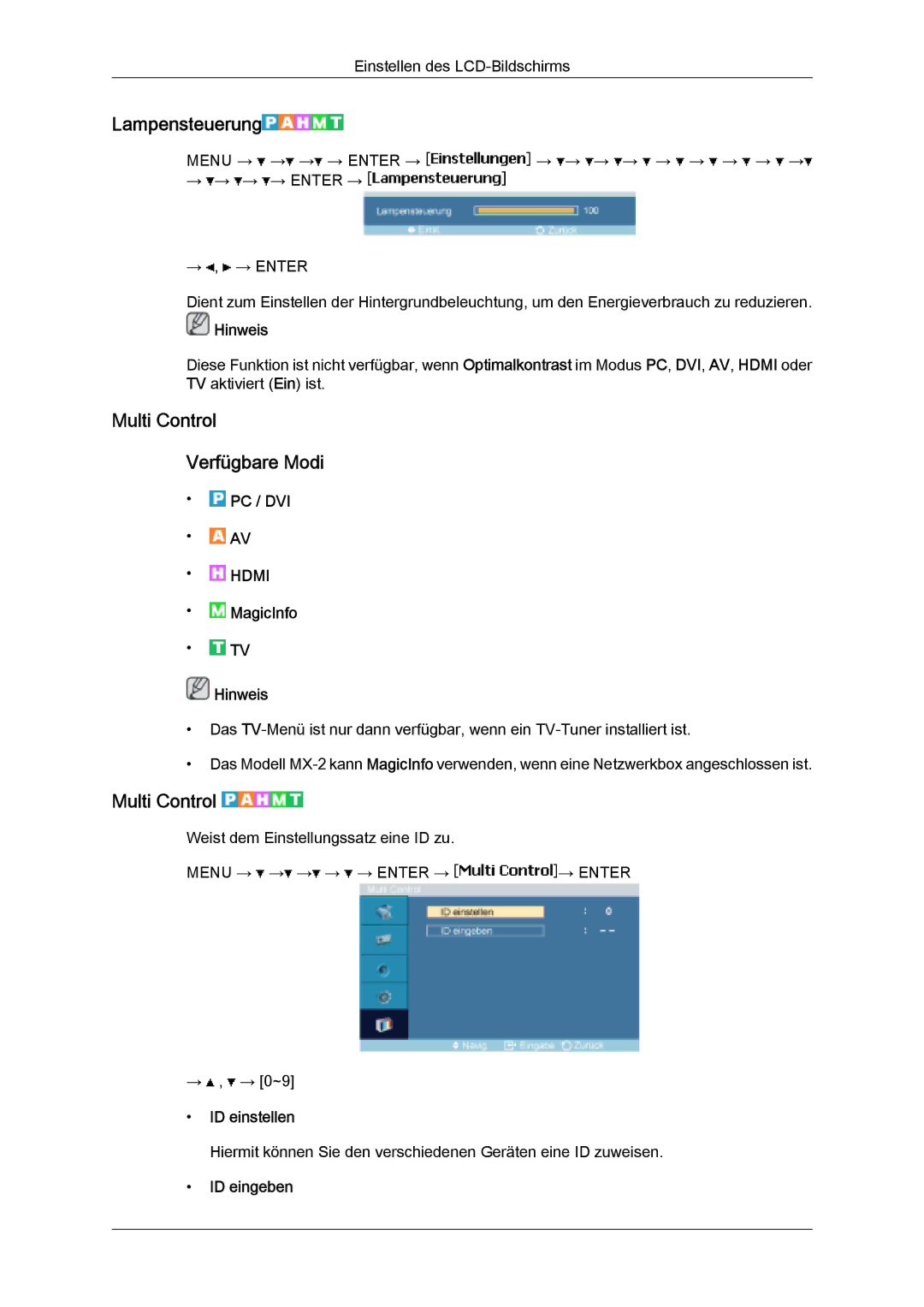 Samsung LH32MGQPBC/EN, LH32MGULBC/EN manual Lampensteuerung, Multi Control Verfügbare Modi, ID einstellen, ID eingeben 