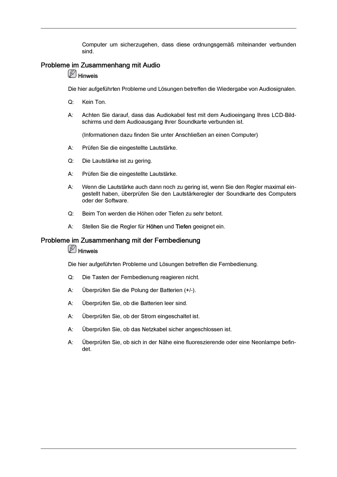 Samsung LH32MGQLBC/EN, LH32MGULBC/EN Probleme im Zusammenhang mit Audio, Probleme im Zusammenhang mit der Fernbedienung 