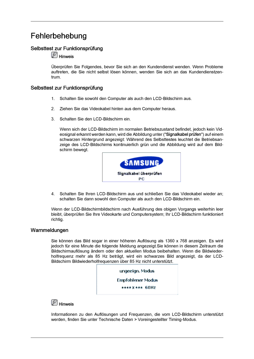 Samsung LH32MGULBC/EN, LH32MGQLBC/EN, LH32MGQPBC/EN manual Selbsttest zur Funktionsprüfung, Warnmeldungen 