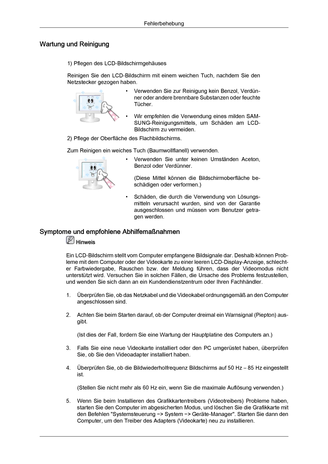 Samsung LH32MGQLBC/EN, LH32MGULBC/EN, LH32MGQPBC/EN manual Wartung und Reinigung, Symptome und empfohlene Abhilfemaßnahmen 