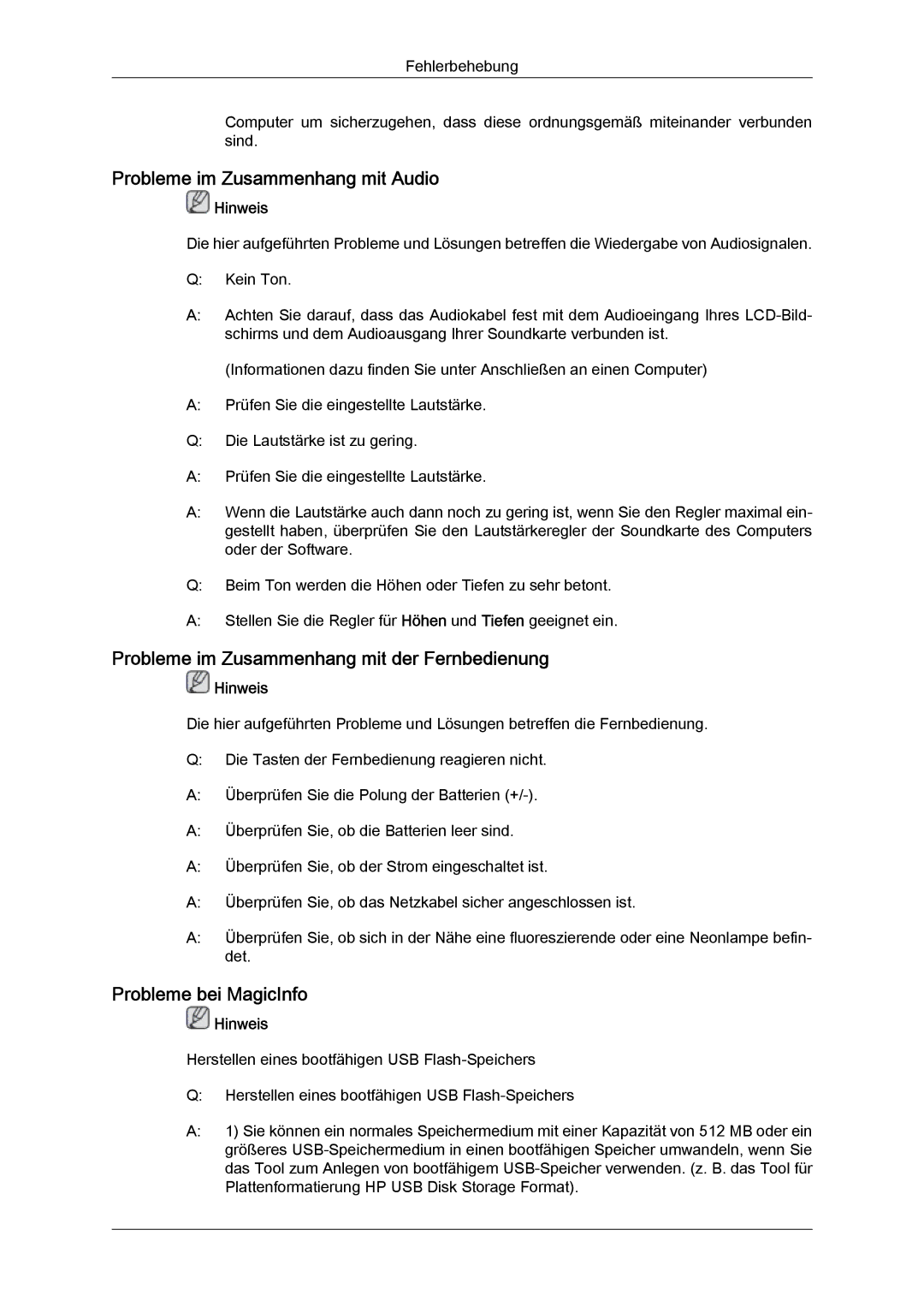 Samsung LH32MGQLBC/EN, LH32MGULBC/EN Probleme im Zusammenhang mit Audio, Probleme im Zusammenhang mit der Fernbedienung 