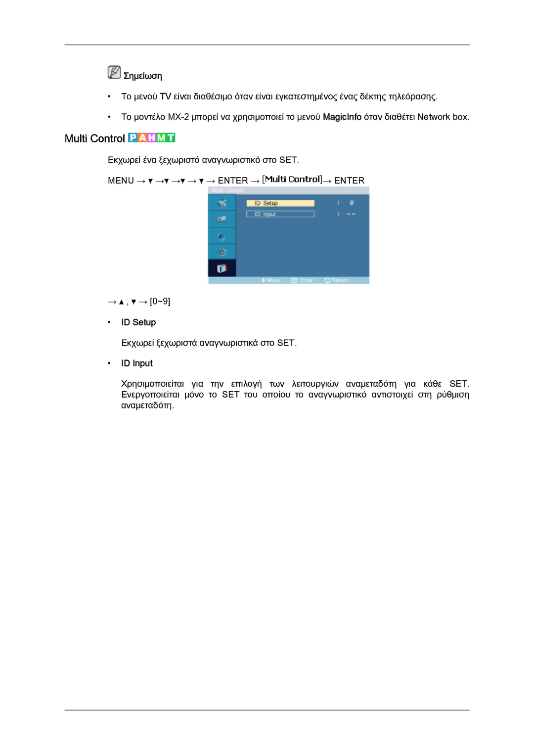 Samsung LH32MGQPBC/EN, LH32MGULBC/EN, LH32MGQLBC/EN manual Multi Control, ID Setup, ID Input 