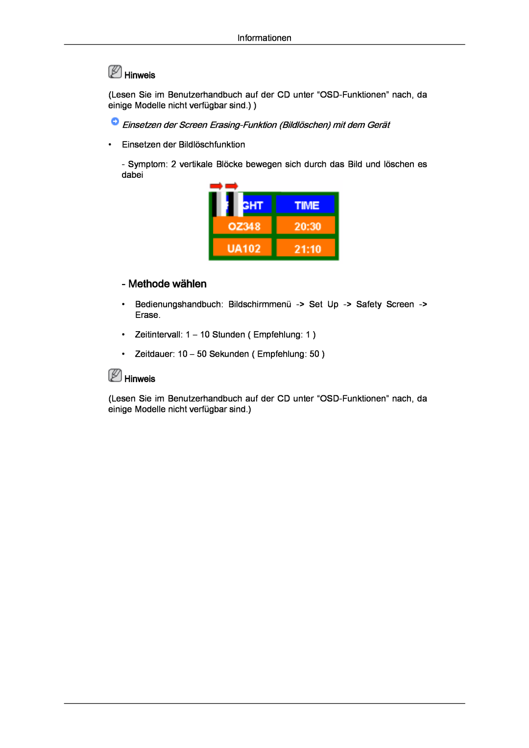 Samsung LH32MGQLBC/EN manual Methode wählen, Hinweis, Einsetzen der Screen Erasing-Funktion Bildlöschen mit dem Gerät 