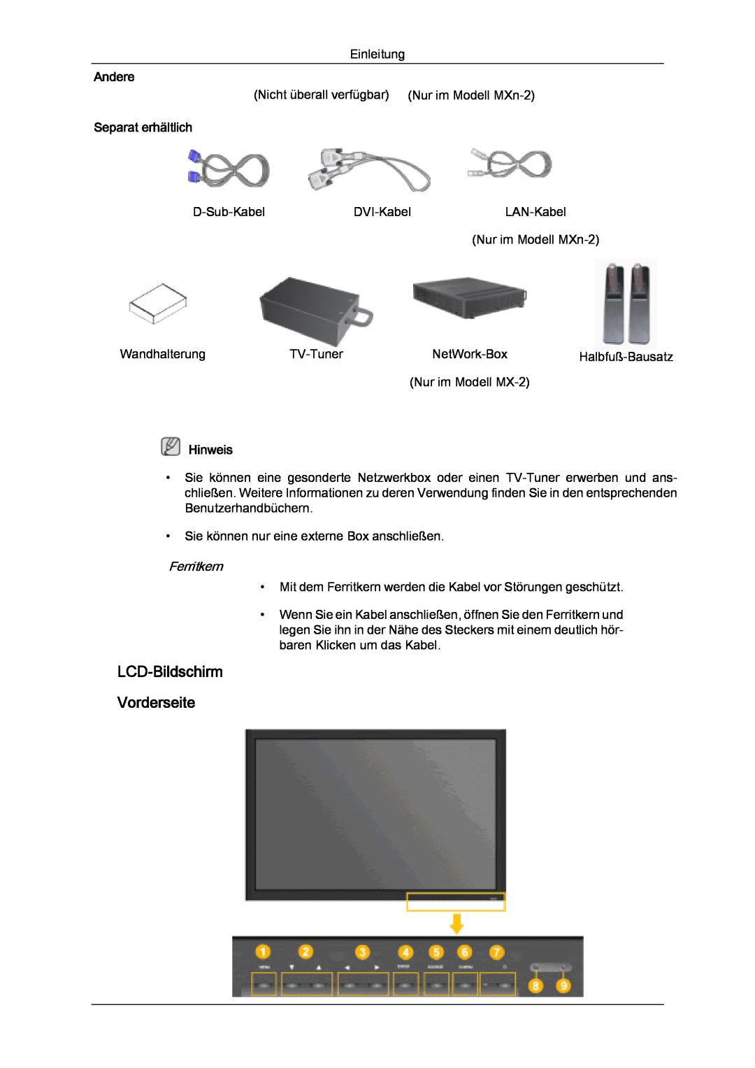 Samsung LH32MGQPBC/EN, LH32MGULBC/EN, LH32MGQLBC/EN manual LCD-Bildschirm Vorderseite, Separat erhältlich, Andere, Hinweis 
