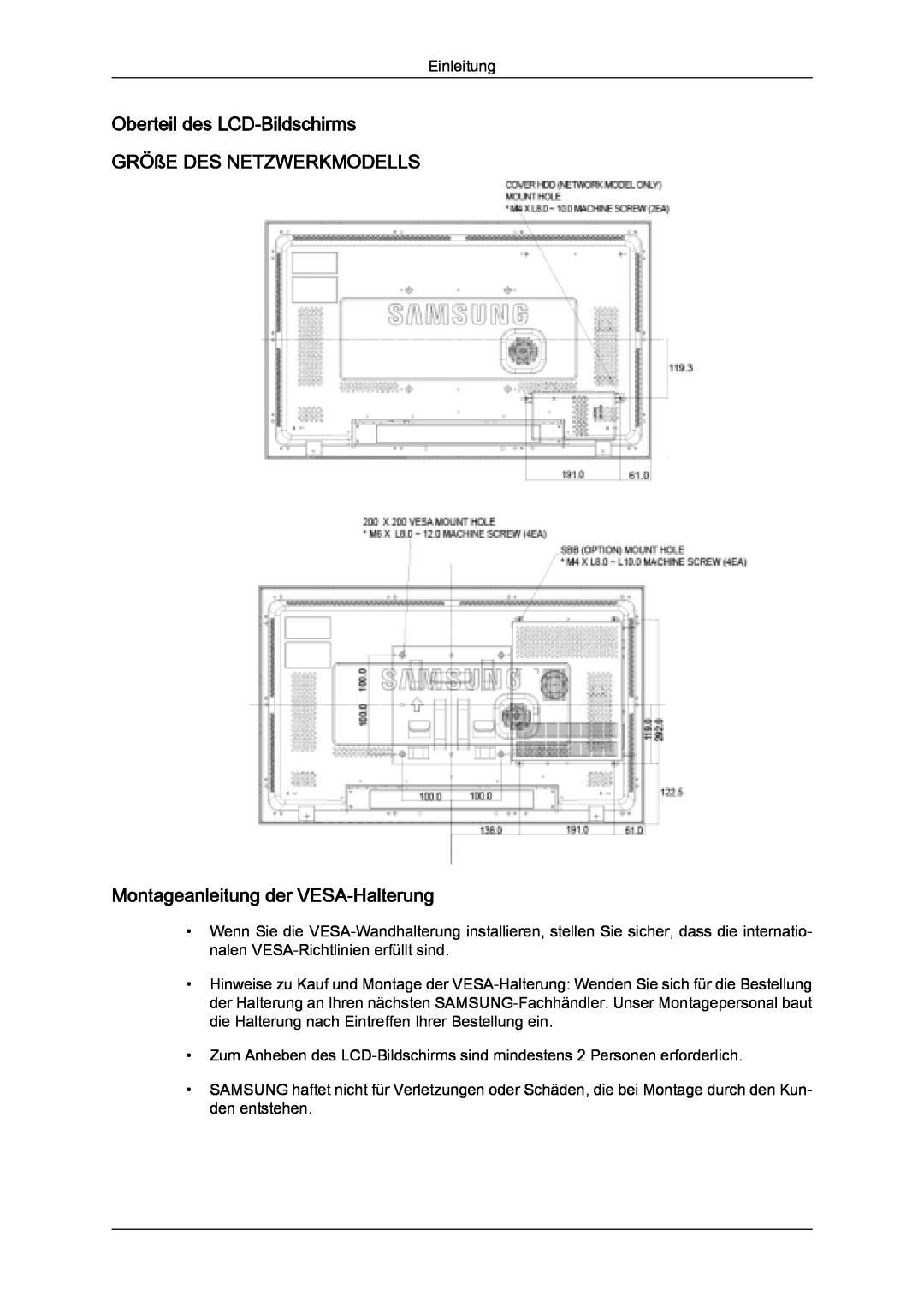 Samsung LH32MGQPBC/EN manual Oberteil des LCD-Bildschirms GRÖßE DES NETZWERKMODELLS, Montageanleitung der VESA-Halterung 