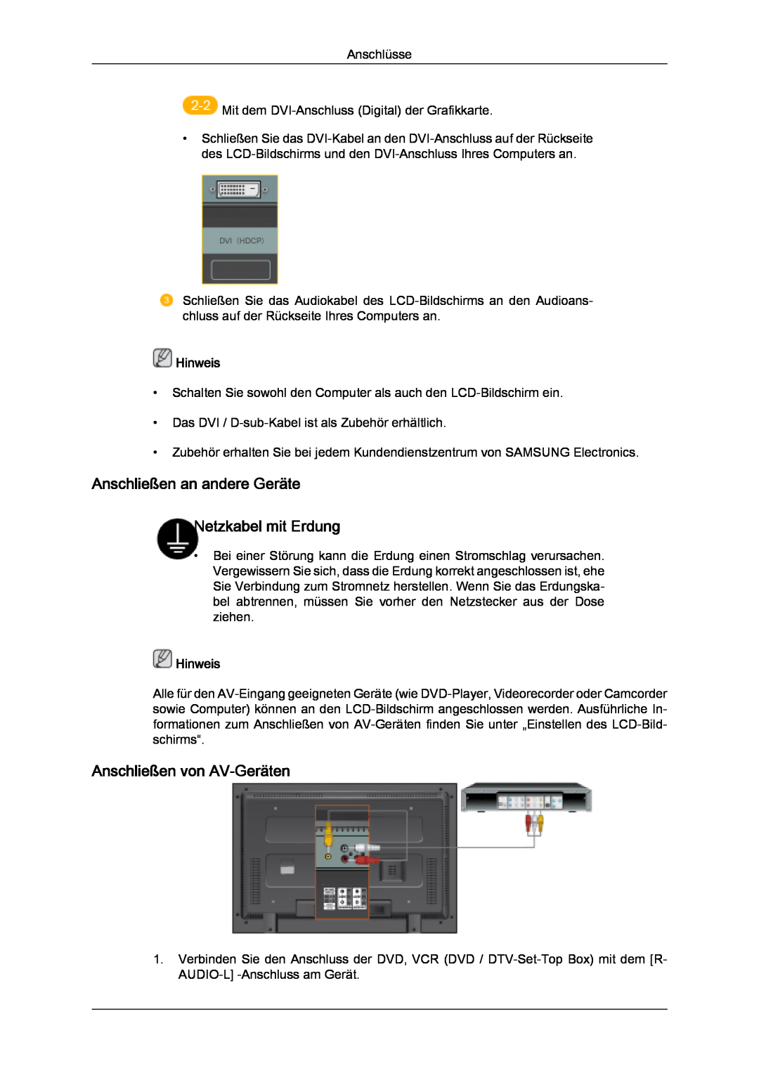 Samsung LH32MGULBC/EN manual Anschließen an andere Geräte Netzkabel mit Erdung, Anschließen von AV-Geräten, Hinweis 