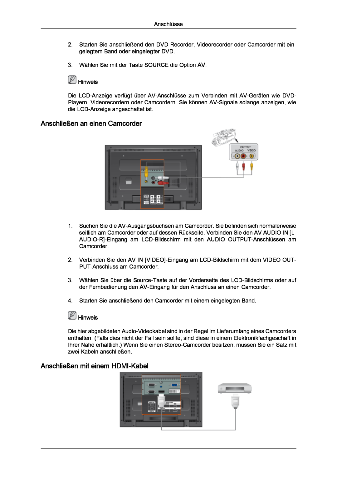 Samsung LH32MGQLBC/EN, LH32MGULBC/EN manual Anschließen an einen Camcorder, Anschließen mit einem HDMI-Kabel, Hinweis 