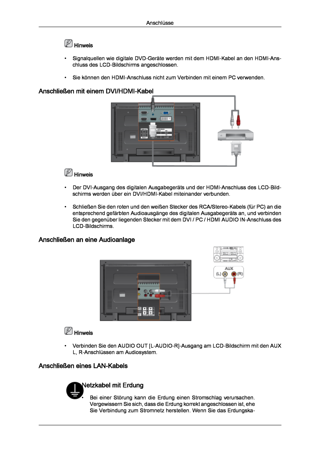 Samsung LH32MGQPBC/EN, LH32MGULBC/EN manual Anschließen mit einem DVI/HDMI-Kabel, Anschließen an eine Audioanlage, Hinweis 