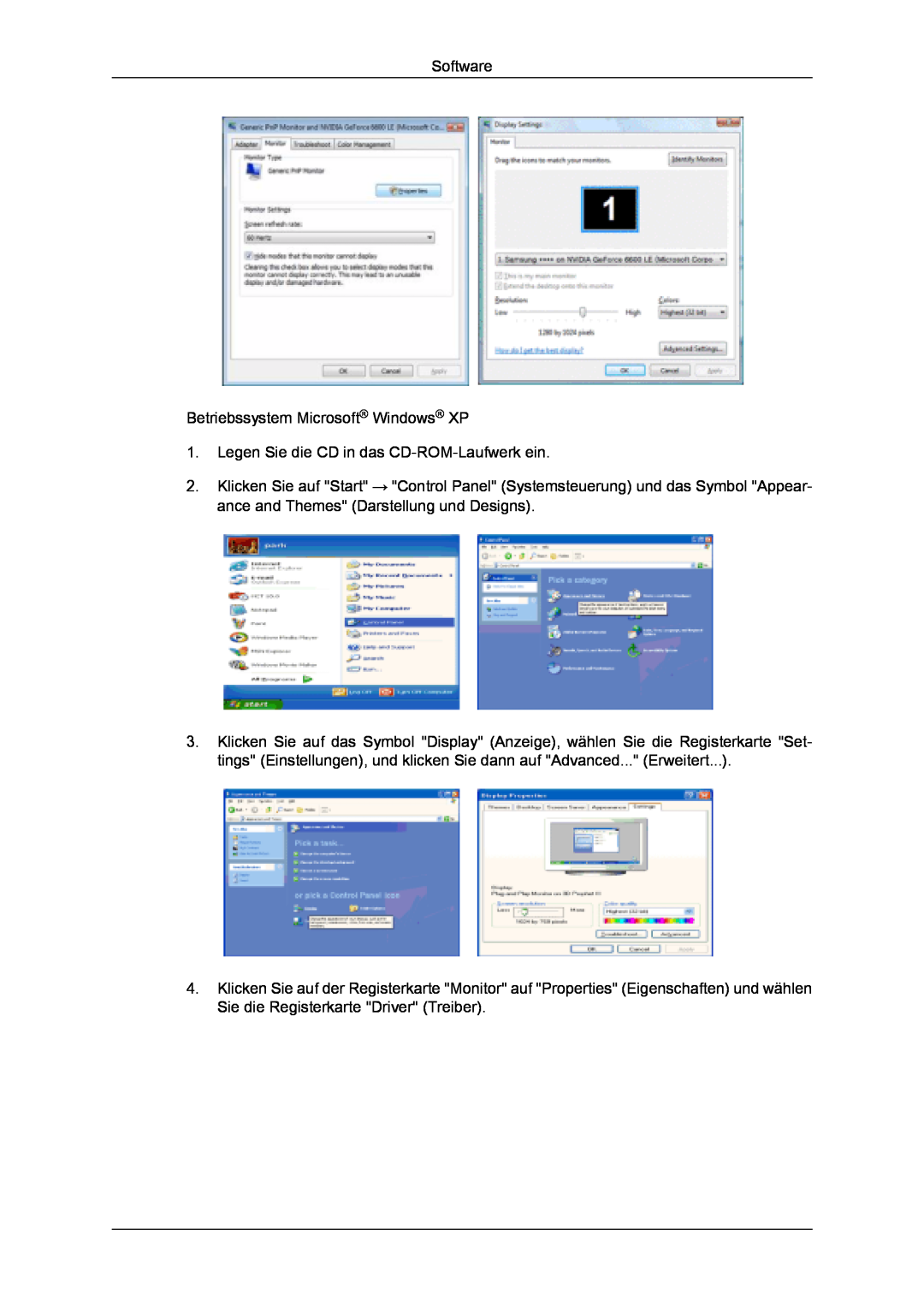 Samsung LH32MGULBC/EN manual Software Betriebssystem Microsoft Windows XP, Legen Sie die CD in das CD-ROM-Laufwerk ein 