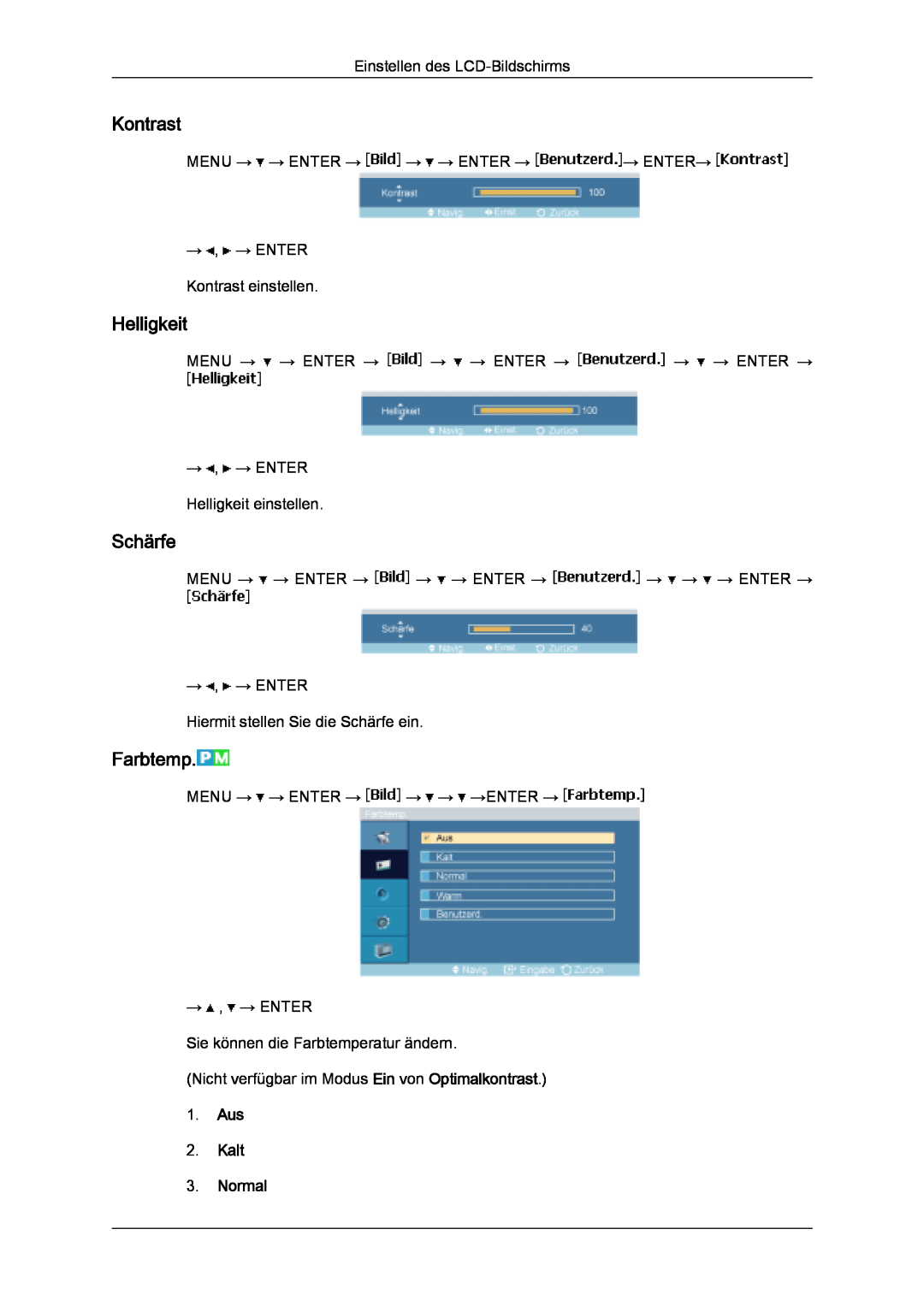Samsung LH32MGULBC/EN, LH32MGQLBC/EN, LH32MGQPBC/EN manual Kontrast, Helligkeit, Schärfe, Farbtemp, Aus 2. Kalt 3. Normal 